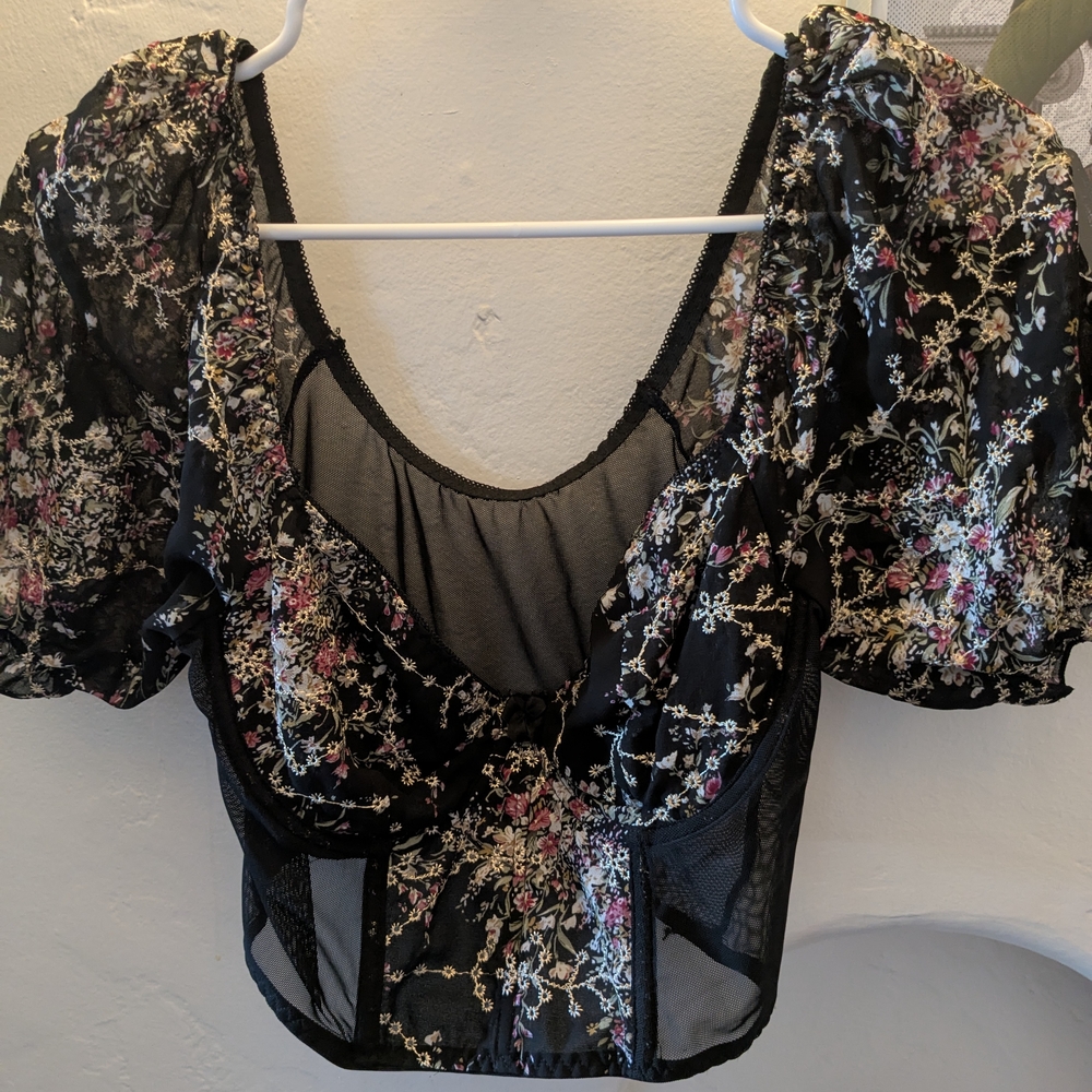 Black Crop Bustier Blouse With Floral Detail